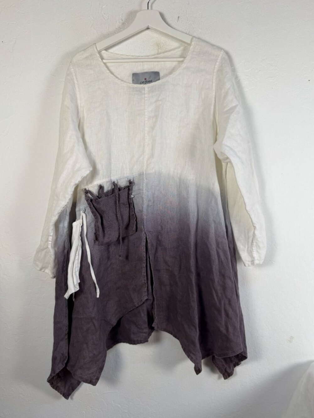 Cheyenne Art to Wear Linen Tunic Ombre Dip Dye Purple White Lagenlook Boho L/XL